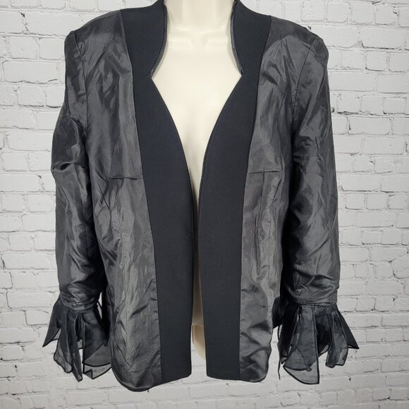 Serafina Black Open Rhinestone Ruffle Cuff Shoulder Pads Lined Jacket Size 14 - Picture 5 of 12